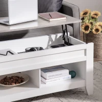 HOMCOM Mesa de Centro Elevable Mesa de Café con Encimera Elevable 2 Compartimentos Abiertos y Espacio Oculto de Almacenaje 105x50x49 cm Blanco y Efecto Mármol(m-7)