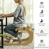 HOMCOM Scaun ergonomic reglabil în 6 poziții, din material textil cu efect de in și lemn de mesteacăn, 55x85x55 cm, crem(m-6)