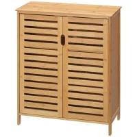 Kleankin Badkamerkast, Bamboekast met Lamellenontwerp voor Badkamer, Gang, Compacte Afmeting, Veel Opbergruimte, Natuurhout(m-10)