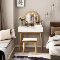 HOMCOM Dressing Table & Stool Set w/ Drawers Mirror Modern Elegant Vanity Makeup Padded Seat Home Bedroom Beauty Furniture Natural Brown(m-4)