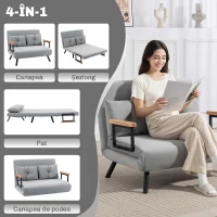 HOMCOM Canapea Extensibilă Cu Aspect Catifelat și Spătar Reglabil, Gri Deschis(m-4)