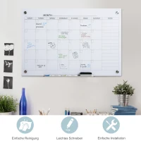 Vinsetto kalenderbord glasplaat met 4 glasclip markers gum aluminium pennenhouder magneetbord voor maandplanning magnetische weekplanner planbord wit 90 x 60 x 0,2 cm(m-6)