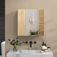 Kleankin Dulap cu oglinda pentru baie cu montaj pe perete, dulap pentru baie cu oglinda, usi duble si rafturi de depozitare, natural(m-6)