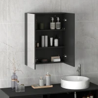 HOMCOM Armadietto Pensile Bagno 2 Ante con Specchiera e 2 Ripiani Interni in MDF, 60x15x75 cm, Nero(m-7)