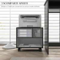 HOMCOM Mobile Porta Stampante a 2 Livelli con 3 Scomparti e Ruote per Ufficio e Studio, 40x30x36cm, Nero(m-4)