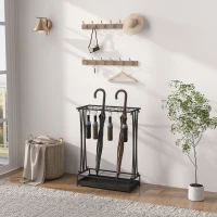 HOMCOM Paragüero Moderno de Acero con 21 Espacios y 24 Ganchos Bandeja Recogegotas Extraíble para Entrada 50x24x68 cm Negro(m-7)