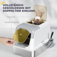 PawHut Kattenbak, kattenbox met deksel, kattenbakschep, vooringang en bovenuitgang roestvrijstaal tot 15 kg(m-5)