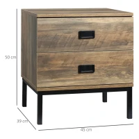 HOMCOM Retro Bedside Table, End Side Table with 2 Drawers, Metal Frame for Bedroom, Living Room, Coffee(m-3)