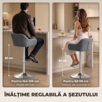 HOMCOM Set 2 Taburete Bar Rotative Catifea, Înălțime Reglabilă, Suport Picioare, Spătar, Bază Metalică, Gri(m-5)