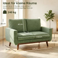 HOMCOM 2-Sitzer-Sofa, 134 cm Cord-Sofa mit Taschenfedern, dicker Rückenlehne, Holzlatten-Akzent, Grün(m-3)