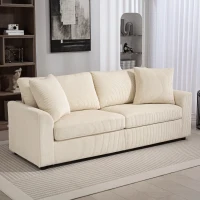 HOMCOM 3 Seater Sofa, 212cm Corduroy Couch with Spring Cushion, Wide and Deep Seat, Plush Backrest, 2 Pillows, Sofa Settee for Living Room, Home Office, Cream White(m-10)