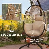 Outsunny Hangende schommelstoel voor buiten met opvouwbare mandzitting en dikke kussens, frame, hoofdsteun, bekerhouder, Khaki(m-4)