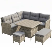 Outsunny 7 Seater Rattan Garden Furniture Set, 6 Piece Patio Dining Set with Liftable Coffee Table and Soft Padded Cushion, Wicker Sectional Conversation Corner Sofa, 123 x 55 x 84 cm, Light Grey(m-1)