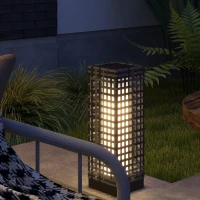 Outsunny Außenleuchte mit Solarmodul, Einschaltautomatik, 8 h Betriebszeit, Rattanoptik, Stahl, 15,5 x 15,5 x 46 cm, Grau(m-10)