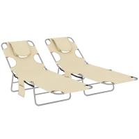 Outsunny 5-Position Adjustable Sun Loungers Set of 2 with Reading Hole and Side Pocket, Beige(m-1)