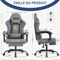 Fauteuil gamer avec repose-pieds, coussin cervical et lombaire doux, coussins de soutien amovibles, 60x60x122 cm, Gris(m-3)