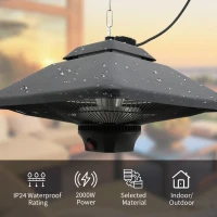 Outsunny Hanging Electric Patio Heater with 2 Power Settings, 1000/2000W Waterproof Ceiling Mounted Aluminium Halogen Infrared Outdoor Heater Warmer with LED Light and Remote Control, Black(m-5)