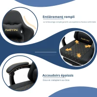 Fauteuil gamer avec repose-pieds, coussin doux pour la nuque et les lombaires, coussin de soutien amovible, 60x60x122 cm, Noir(m-7)