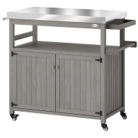 Outsunny Buitenkeukeneiland, Grillwagen met Kast en Rekken, Houten en Roestvrij Stalen Keukenwagen met Wielen, Grijs(m-1)