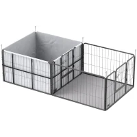 PawHut Werpkist voor puppy's, werpkist/puppyren met 7 panelen, 2 zones, wasbaar werpkussen, 203x102x60cm Zwart(m-1)