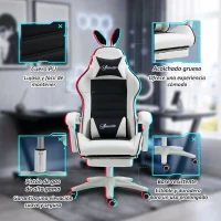Vinsetto Silla Gaming Profesional de Cuero PU con Altura Ajustable Inclinable 135° Reposacabezas 65x63x136-142 cm Negro y Blanco(m-8)