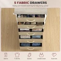 HOMCOM Chest of Drawers, Dresser with 5 Fabric Drawers, Tall Storage Unit with 4 Pockets and 2 Hooks Steel Frame, Natural Wood(m-4)