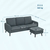 HOMCOM Hoekbank, 3-zitsbank met hocker, stoffen bekleding, L-vormige bankset, donkergrijs(m-3)