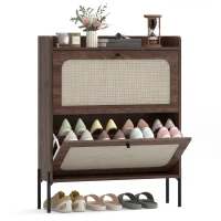HOMCOM Meuble à Chaussures 16 Paires, 2 Tiroirs, Portes en Rotin et Étagères Réglables, 80x23,7x99,5cm, Marron Foncé(m-12)