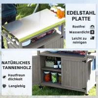 Outsunny Buitenkeukeneiland, Grillwagen met Kast en Rekken, Houten en Roestvrij Stalen Keukenwagen met Wielen, Grijs(m-4)