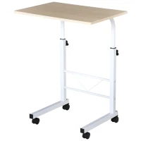 HOMCOM bijzettafel in hoogte verstelbare salontafel verrijdbaar bureau met wielen parkeerremmen C-vormige tafel spaanplaat staal ijzer kunststof wit esdoorn 60 x 40 x 68-78 cm(m-1)