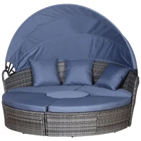 Outsunny Outdoor PE Rattan Garden Furniture with Cushioned, Patio Wicker Conversation Furniture Set, Round Daybed with Retractable Canopy, Coffee Table and Three Pillows, Grey/Blue Grey(m-1)