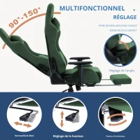 Fauteuil gaming avec repose-pieds, similicuir respirant, réglable en hauteur avec vérin à gaz, pivotant, 70x70x135 cm, Vert(m-3)