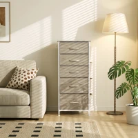 HOMCOM Chest of Drawers, Dresser with 5 Fabric Drawers, Tall Storage Unit with 4 Pockets and 2 Hooks Steel Frame, Natural Wood(m-9)