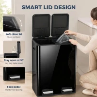 HOMCOM 2 x 30L Double Kitchen Bin, Stainless Steel Pedal Rubbish Bin with Dual Compartments, Soft Close Lids, High Gloss Black(m-5)