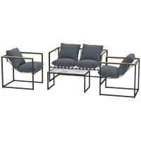 Outsunny 4-delig tuinmeubelset, outdoor meubelset, 2 fauteuils, 2-zitsbank, 1 tafel, gestoffeerd, staal, polyester, grijs(m-10)