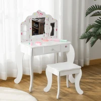 HOMCOM Toeletta per Bambini con Sgabello, Tavolo Trucco con Triplo Specchio e Cassetto, 63x40x85.5cm, Bianco(m-10)