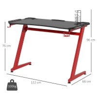 HOMCOM 122 x 66 cm Gaming Desk, Carbon Fibre Covered Computer Desk, Gamer Workstation with Headphone Hook, Cup Holder and Gamepad Storage Rack, Black and Red(m-3)