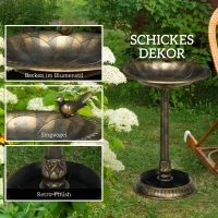 Outsunny Vogelbad met Beeldje, Bloemenpatroon, 2 Bassins, Kunststof, Antieke Look, 50B x 72H cm, Bronskleurig(m-5)