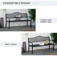 Outsunny Metal Outdoor Bench with Liftable Middle Table, Patio Loveseat, Garden Bench for Garden, Porch, Seats 2–3 People, Black(m-4)
