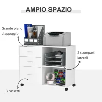 HOMCOM Mobile Porta Stampante con 3 Cassetti in Legno, Mobile Ufficio Multiuso con 4 Ruote e Ripiani Aperti, 80x40x65cm, Bianco(m-4)