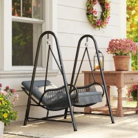 Outsunny Rattan Swing Chair, Outdoor Garden Hanging Swing Seat with Stand and Seat Cushion, Porch Hanging Chair for Balcony, Garden, Deck, Dark Grey(m-2)