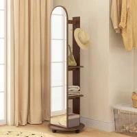 HOMCOM 2-in-1 Full Length Mirror with Storage Shelves, Floor Mirror with 4 Wheels, Coat Rack, Hooks, Brown Wood Effect(m-9)