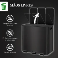 HOMCOM Papelera de Cozinha em Aço Inoxidável com 3 Compartimentos 3x15L com Pedais, Tampas de Fecho Suave e Balde Removível Preto(m-6)
