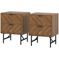 HOMCOM Bedside Table Set of 2 with 2 Drawers, Modern Side Tables with Herringbone Pattern and Metal Legs for Bedroom, Living Room, Walnut Brown(m-11)