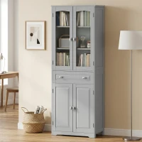 HOMCOM Freestanding Kitchen Cupboard, Storage Cabinet with 2 Adjustable Shelves, Drawer and Glass Door for Living Room, Grey(m-7)
