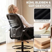 HOMCOM Tekenstoel met verstelbare lendensteun, draaifunctie, mesh bekleding, opklapbare armleuningen, hoogteverstelling en voetring, zwart(m-7)