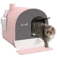PawHut Kattenbak met Deksel, Strooischaufel, Vuilvangmat, Kunststof, Roze/Zwart(m-15)