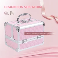 HOMCOM Valigetta Porta Trucchi con Profili in Alluminio, Maniglia e Vassoio Cantilever, 20x15x15cm, Rosa(m-4)