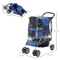 PawHut Passeggino per Cani Piccoli Pieghevole con Copertura Antipioggia, Ruote Girevoli e con Freni, Blu(m-3)