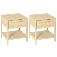 HOMCOM Bedside Table, Nightstand with Rattan Drawer and Storage Open Shelf, Farmhouse Side Table for Bedroom, Living Room, Set of 2(m-1)